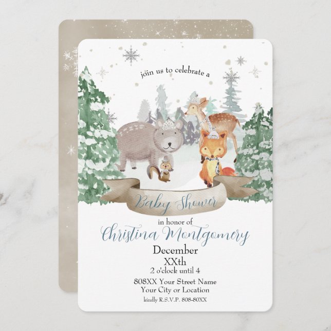 Baby Animals in a White Woodland Winter Forest Invitation (Front/Back)