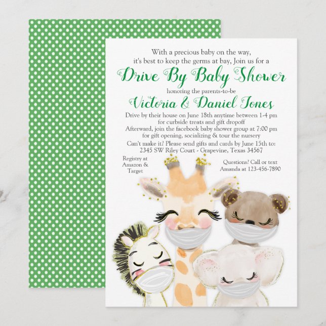 Baby Animals in Masks Drive By Covid Baby Shower Invitation (Front/Back)