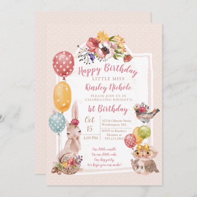 Baby Animals Little Girl Polka Dots Birthday Party Invitation (Front/Back)