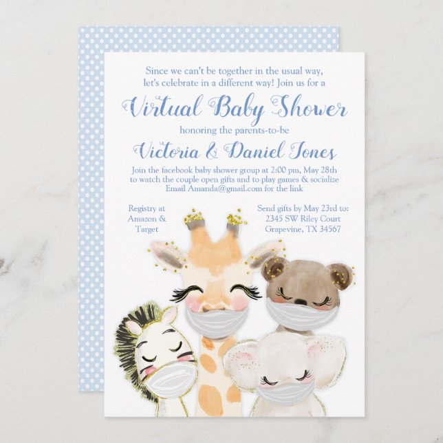 Baby Animals Mask Drive By Covid Baby Shower Invitation (Front/Back)