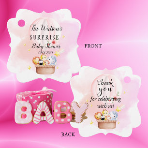 Baby Animals Safari In a Pink Hot Air Balloon Favour Tags