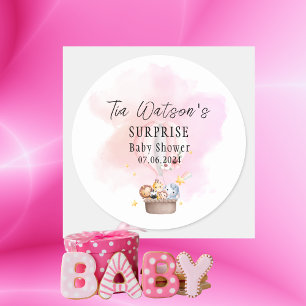Baby Animals Safari In Pink Hot Air Balloon Classic Round Sticker