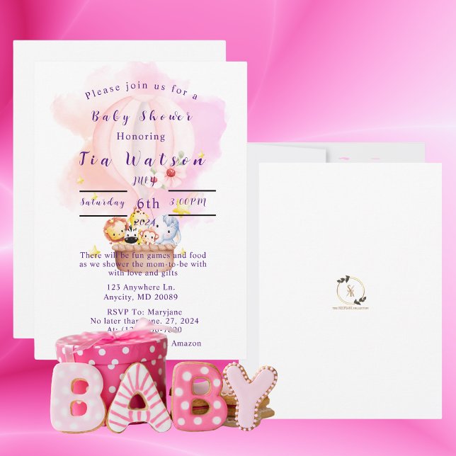 Baby Animals Safari In Pink Hot Air Balloon Invitation (Creator Uploaded)