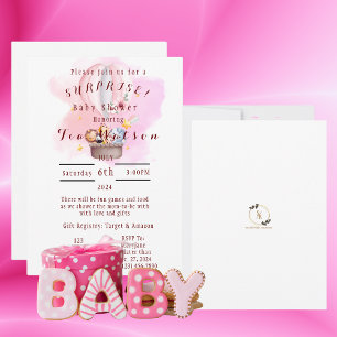 Baby Animals Safari In Pink Hot Air Balloon Invitation