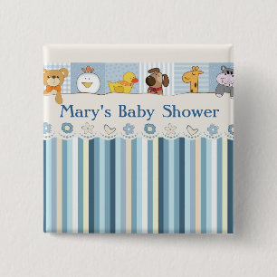Baby Animals & Stripes Blue Baby Shower 15 Cm Square Badge