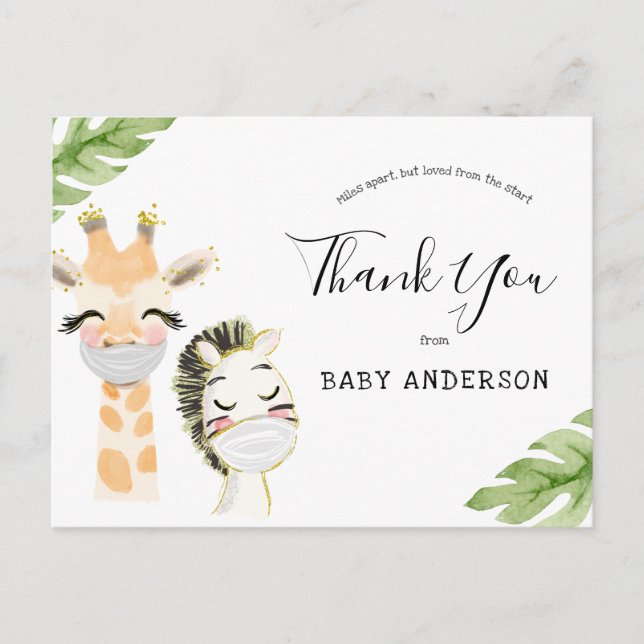 Baby Animals with Mask Shower by Mail Thank You Postcard (Front)