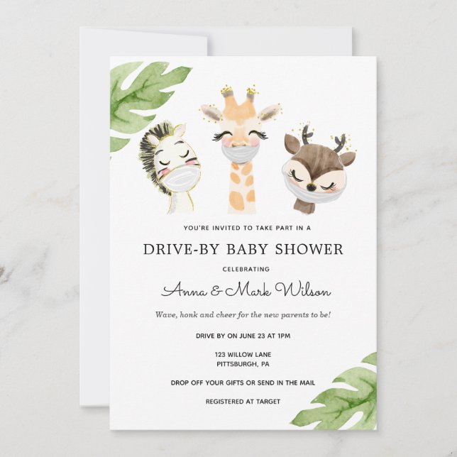 Baby Animals with Masks Drive by Baby Shower Invitation (Front)