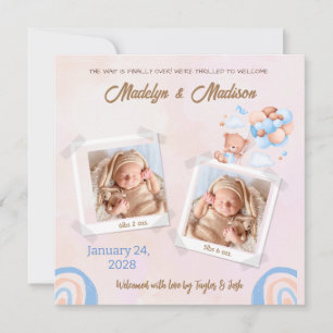 BABY ANNOUCEMENT FOR TWINS PHOTO PERSONALIZED CARD