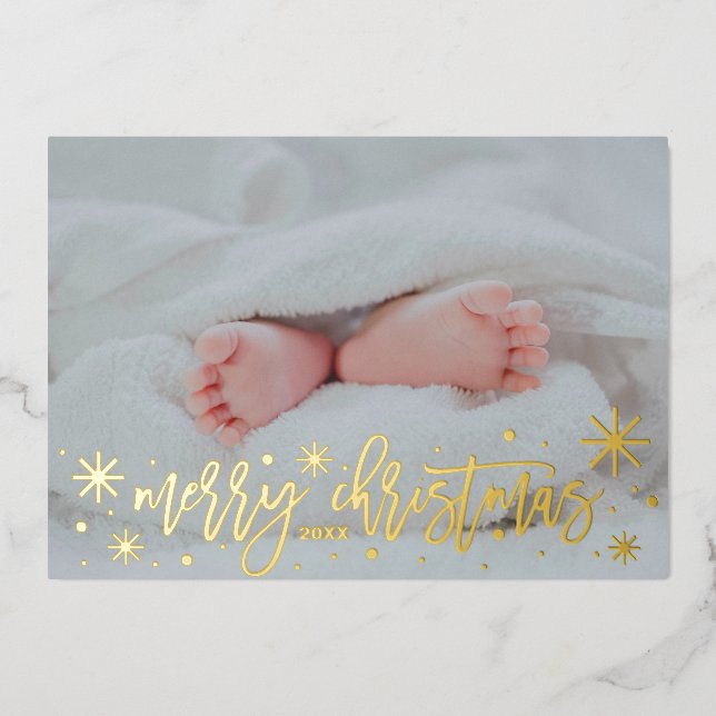 Baby Announcement Foil MerryChristmas Holiday Card (Front)