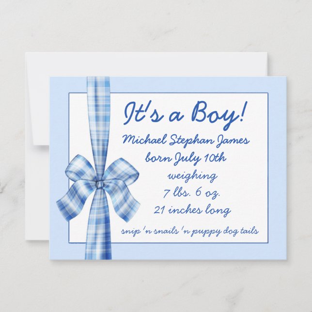 Baby Announcement for boy photo retro blue bow (Front)