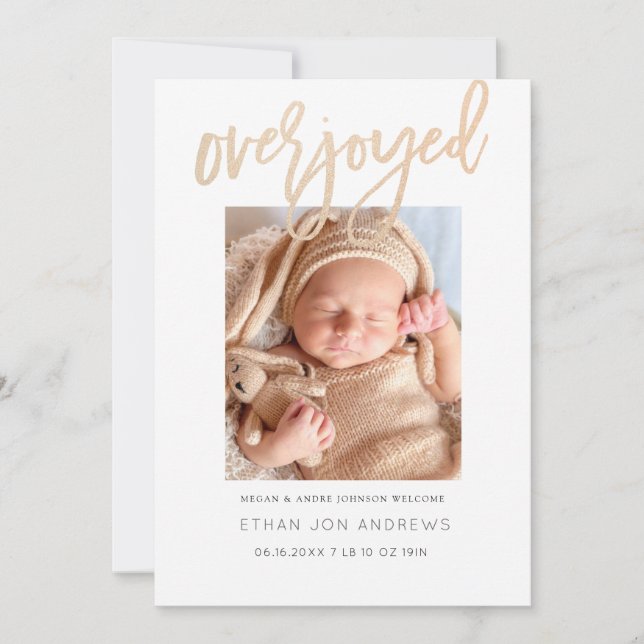 Baby Announcement - Overjoyed gold glitter script (Front)
