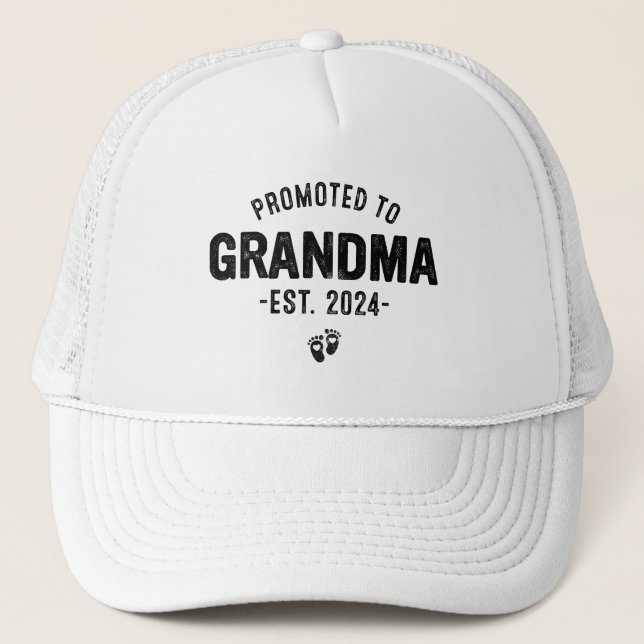 Baby Announcement, Promoted to Grandma est. 2024 Trucker Hat (Front)