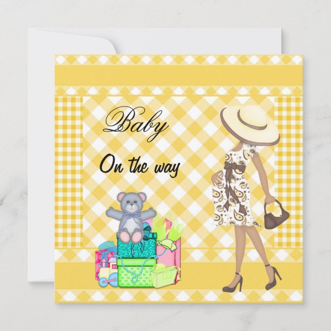 Baby Announcement Yellow Checks Gingham (Front)