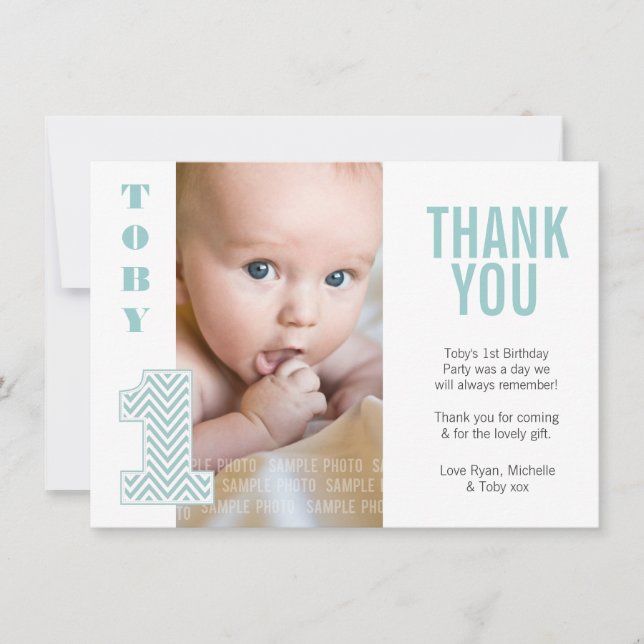 Baby Aqua Chevron 1st Birthday Thank You Photo (Front)