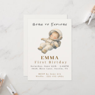 Baby Astronaut First Birthday Flat Invitation Card