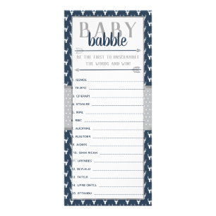 Baby Babble Word Scramble, Baby Shower, Navy, Grey Rack Card
