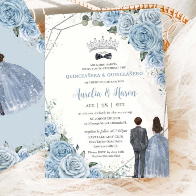 Baby Baby Blue Floral Twins Boy Girl Quinceañera Invitation (Creator Uploaded)