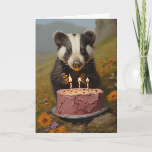 Baby Badger with a Birthday Cake Card (Front)