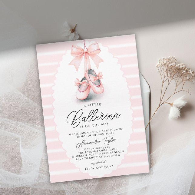 Baby Ballerina Shoes Pink Bow Ribbons Girl Shower Invitation (ballerina baby shower invitation ballet shoes pink satin bow scalloped frame cute adorable girly)