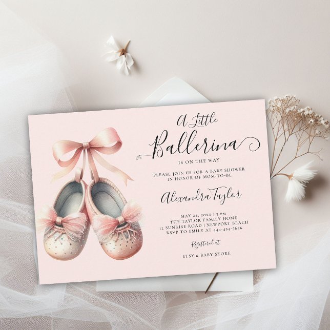 Baby Ballerina Shoes Pink Bow Sweet Girl Shower Invitation (little ballerina baby girl shower invitation pink blush gold bow ballet shoes watercolor cute chic)