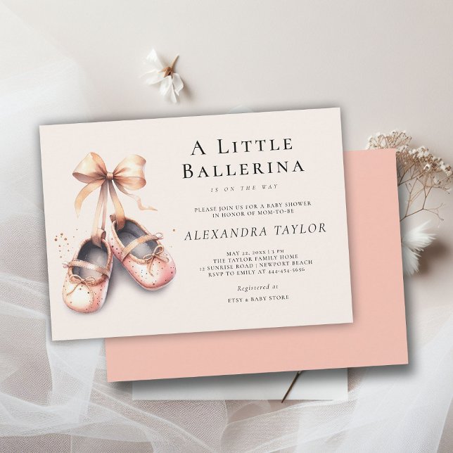 Baby Ballerina Shoes Pink Gold Bow Girl Shower Invitation (little ballerina baby girl shower invitation pink blush gold bow ballet shoes watercolor cute girly)