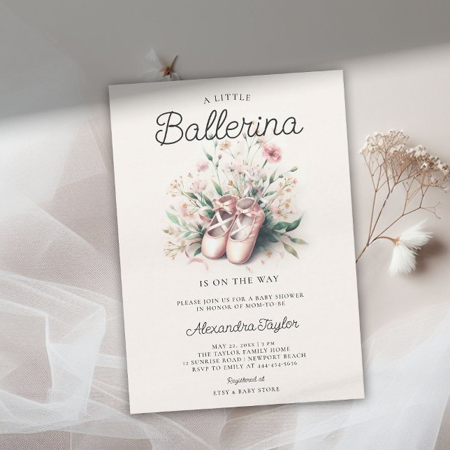 Baby Ballerina Shoes Wildflower Ribbon Girl Shower Invitation (ballerina baby shower invitation ballet shoes pink blush wildflowers bow ribbons satin elegant cute)
