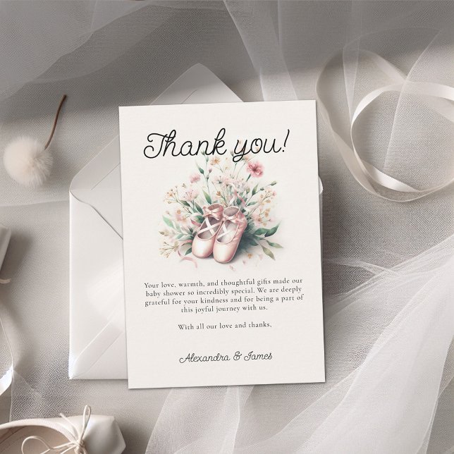 Baby Ballerina Shoes Wildflower Ribbon Girl Shower Thank You Card (ballerina baby shower thank you card girl ballet shoes wildflowers watercolor cute adorable girl)