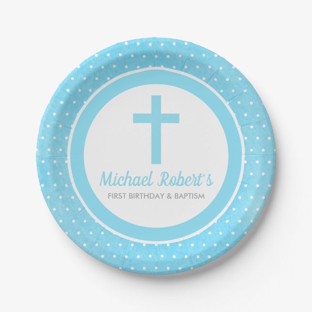 Baby Baptism First Birthday Blue Cross Boy Paper Plate (Front)