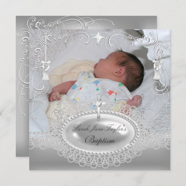 Baby Baptism Girl Boy Christening Silver Pearl Invitation (Front/Back)