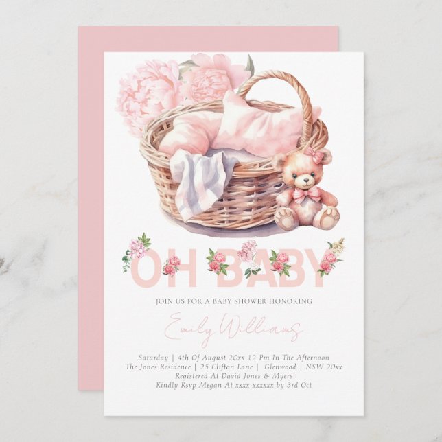 Baby Basket Floral Elegant Baby Shower Invitation (Front/Back)