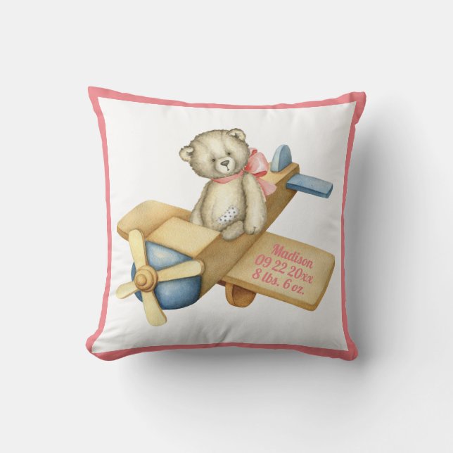 Baby Bear Aeroplane Watercolor Baby Girl Cushion (Front)