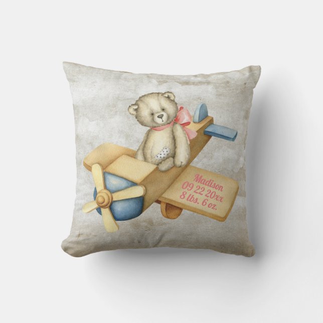 Baby Bear Aeroplane Watercolor Baby Girl Vintage Cushion (Front)