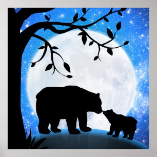 Baby bear and mum moon silhouette under the stars  poster