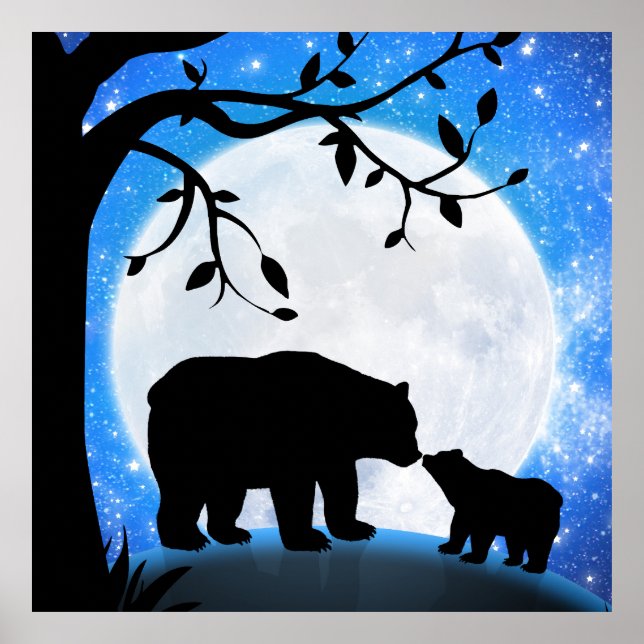 Baby bear and mum moon silhouette under the stars  poster (Front)