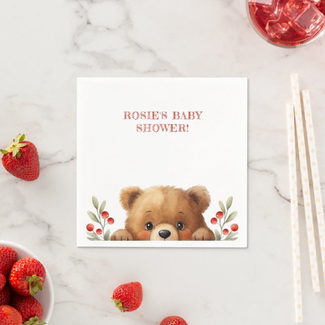 Baby Bear And Rowan Berries Baby Shower Napkin (Insitu)