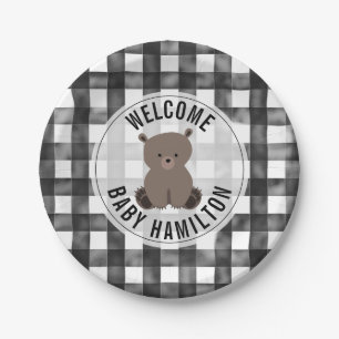 Baby Bear Black + White Gingham Baby Shower Paper Plate
