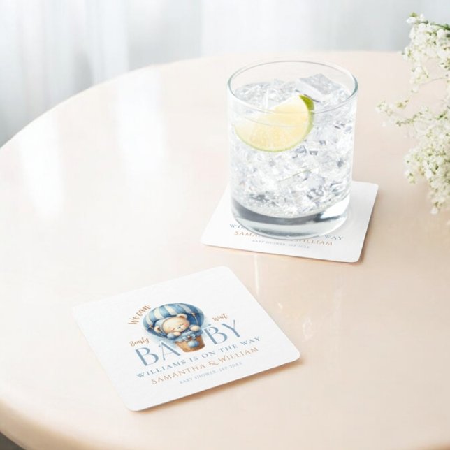 Baby Bear Blue Balloon Ride Square Paper Coaster (Creator Uploaded)