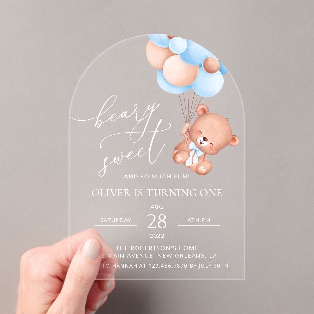 Baby Bear, Blue Balloons, First Birthday Acrylic Invitations (Insitu (Handheld))