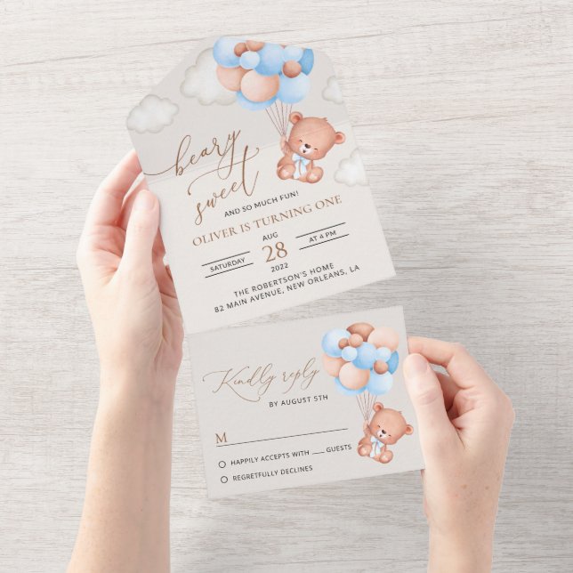 Baby Bear, Blue Balloons, First Birthday All In One Invitation (Tearaway)