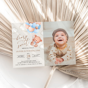 Baby Bear, Blue Balloons, First Birthday Invitation