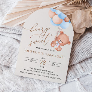 Baby Bear, Blue Balloons, First Birthday Invitation