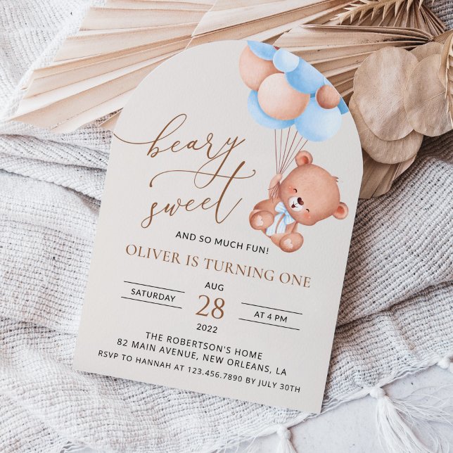 Baby Bear, Blue Balloons, First Birthday Invitation (Creator Uploaded)