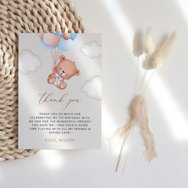 Baby Bear, Blue Balloons, First Birthday Thank You Card (Creator Uploaded)