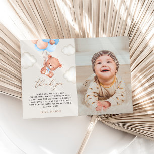 Baby Bear, Blue Balloons, First Birthday Thank You Card