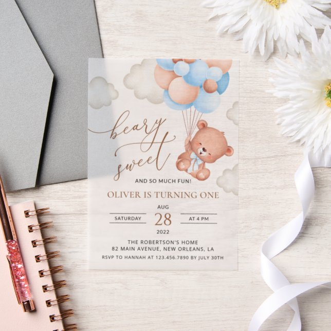Baby Bear, Blue Balloons, First Birthday Vellum Invitations (Wedding)