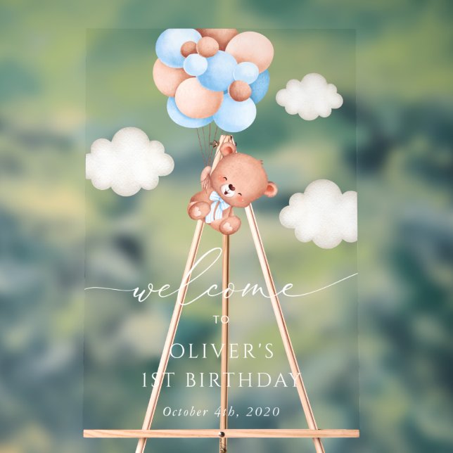 Baby Bear, Blue Balloons, First Birthday Welcome Acrylic Sign (Neutral)