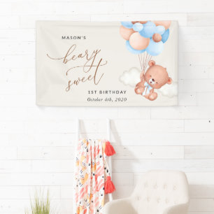 Baby Bear, Blue Balloons, First Birthday Welcome Banner