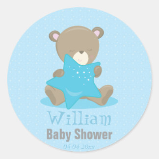 Baby Bear Blue Boy Holding a star Classic Round Sticker