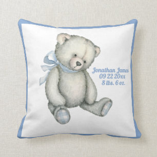 Baby Bear Blue Ribbon Watercolor Baby Boy Vintage Cushion