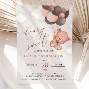 Baby Bear, Brown Balloons, First Birthday Invitation